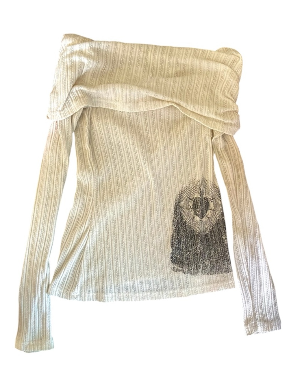 White Ribbed Off-Shoulder Sweater with Grunge Heart Graphic Y2K